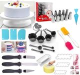 Cake Making Set Combo with 360-Degree Rotating Turntable,Cake Decorating Nozzle,Scraper Set,Silicone Spatulaa,Smoother,8-Pc Black Measuring Cups (All Product Reusable & Washable)