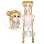 LABEAUTÉ Long Curly Blonde Ponytails Wig with Buns for Women Girls Cosplay Costume Anime Blonde Pigtails Wig with Bangs + Cap