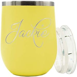 The Wedding Party Store Personalized 12 oz Insulated Stemless Wine Tumbler - Custom Engraved and Monogrammed (Yellow)