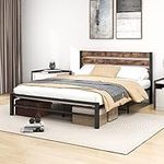 VERFARM Queen Metal Bed Frame with Wooden Headboard, Mattress Foundation, Platform Bed Frame with Strong Steel Slats Support, No Box Spring Needed, Easy Assembly, Black-Brown