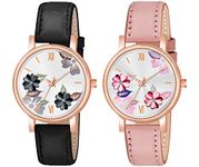 The Shopoholic Analog Flowered Dial Black Peach Colour Leather Strap Combo Watch for Womens and Girls Pack of 2 Watches