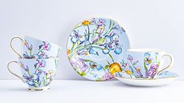 GOLDEN QUEEN'S Cup & Saucer Set | Perfect for Hosting & for Tea/Coffee Lovers | Handcrafted in India, Inspired by Florals & 24-Carat Gold Rim | 6 Cups & 6 Saucers |170 ml - Blue Floral Songbird