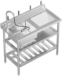 GarveeTech Commercial Stainless Steel Utility Sink, Freestanding Single Bowl Laundry/Kitchen Sink with Pull-Down Hot & Cold Water Faucet, Built-In Wash Board, Open Shelf for Indoor and Outdoor Use