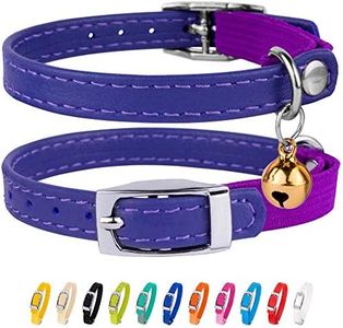 CollarDirect Leather Cat Collar, Cat Safety Collar with Elastic Strap, Kitten Collar for Cat with Bell Black Blue Red Orange Lime Green (6-7 Inch, Purple)