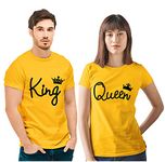 Hangout Hub HangoutHub.PC143 King Queen (Yellow;Men S, Women L) Couples Tshirt for Couple | Printed T-Shirts for Boyfriend Girlfriend and Husband Wife | Regular Fit (Set of 2, Cotton)