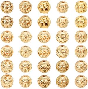 PH PandaHall Hollow Out Round Spacer Beads, 30pcs 18K Gold Plated Tibetan Style Loose Beads 15 Styles 8mm Alloy Ball Charm Beads for Bracelet Earring Necklace Jewelry Making, 1.5~2mm Hole