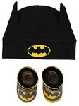 DC Comics Batman Infant Boys Baby Beanie Hat and Baby Booties Socks Gift Set 0-12 Months (Black/Grey/Yellow, 0-12 Months)