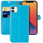 MONASAY iPhone 12 mini Wallet Case,5.4-inch, [Glass Screen Protector Included] [RFID Blocking] Flip Folio Leather Cell Phone Cover with Credit Card Holder for iPhone 12 mini,Light Blue