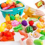 NUKied 66 PCS Cutting Play Food Toy for Kids Kitchen Pretend Fruit &Vegetables Accessories with Shopping Storage Basket, Plastic Mini Dishes and Knife, Educational Toy for Toddlers Boys Girls Ages 3+