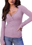 Saodimallsu Womens Henley Shirts V Neck Long Sleeve Ribbed Button Down Casual Plain T Shirt Tops Blouse Tees, Nude Pink, Medium