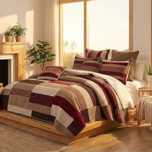 DaDa Bedding Classical Desert Sands Reversible Real Patchwork Quilted Bedspread Set - Striped Autumn Warm Tones Brown Burgundy Multi-Color Print - Cal King - 3-Pieces