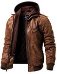 FLAVOR Men's Leather Jacket with Removable Hood Brown Suede Pigskin (Large, Brown)