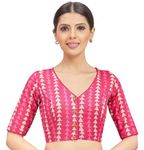 Studio Shringaar Women's Cotton Block Printed Elbow Length Sleeves Saree Blouse (Pink, 50)