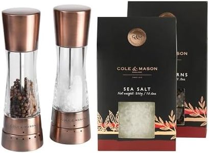 Cole & Mason Derwent Salt & Pepper Grinder Set - Salt & Pepper Grinder Set with Adjustable Grind Settings - Easily Refillable Spice Mills - Copper, Sea Salt & Black Peppercorn Refills
