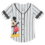 Disney Ladies Mickey Mouse Fashion Shirt - Mickey & Minnie Mouse Baseball Jersey Mickey Mouse Button Down Baseball Jersey, White Black Stripe, Medium