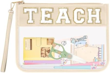 Chenille Letter Clear Bag Purse, Clear Zipper Pouch with Wristlet, Beige, TEACH