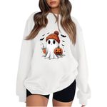 Today's Deals Cheap Stuff Under 1 Dollar Halloween Sweaters for Women 2024 Fleece Oversized Sweatshirt Novelty Pumpkin Ghost Bat Print Pullover Fall Clothes Lightning Deals of Today White