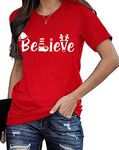 Fawniss Believe Christmas Shirts Women Christmas Tree Graphic Believe Letter Print Tees （Red,Medium）