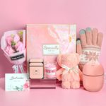 Get Well Soon Gifts for Women, Christmas Gift Baskets with Winter Gloves Scented Candle Flower Bouquet Towel Humidifier for Best Friends Coworker Cozy Birthday Gift Ideas (Pink)