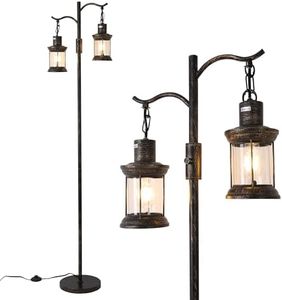 Asmymhd Vintage Dimmable Floor Lamp,2 Classical Lanterns Standing Lamp, Rustic Farmhouse Floor Lamp with Bronze Gold Finish, for Living Room Bedroom (Bronze)