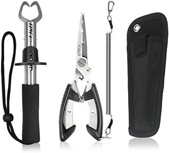 J&D Fishing Pliers and Fish Lip Gripper Set, Multi-Functional Stainless Steel Fishing Plier Gear Hook Remover Tool with Safety Coiled with Sheath and Lanyard for Freshwater Saltwater Fishing, Black
