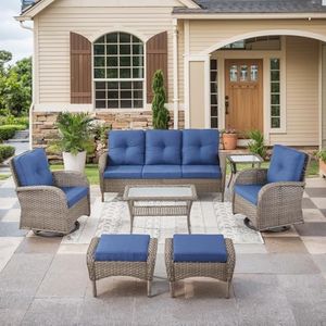 HUMMUH 7 Pieces Outdoor Furniture Set-All Weather Wicker Rattan Couch with Outdoor Rocking Chair Patio Furniture for Deck Lawn Porch Balcony Poolside-Grey/Blue