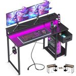 AODK Gaming Desk, Pc Desk with Adjustable Monitor Shelf, 48 Inch Computer Desk with Drawer, Reversible Gamer Desk with LED Lights & Power Outlet, Work Desk with Headphone Hook for Home Office, Black