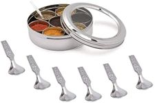 KSJONE See Through Spice Container Masala Dabba With 7 Compartments and 7 Spoons, Masala Box, Spice Container Box, Stainless Steel Spice Box Indian with Transparent Lid, 20cm