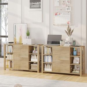ZKIODV File Cabinet for Home Office, Fluted Filing Cabinet with Charging Station, 2 Drawers Fit Letter/Legal/A4, 6 Shelves Storage Cabinet with Locks, Printer Stand with 2 Power Outlets (2, Oak)