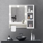 OFCASA Bathroom Mirror with LED Bulb Lights Wall Mounted Mirror with 2 Tiers Shelves Towel Rack for Bathroom Shower Room