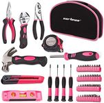 Cartman Pink 52 Piece Tool Set for Woman Ladies Hand Tool Set with Easy Carrying Round Pouch，Tough Long Lasting Chrome Finish Tools - Perfect for DIY, Home Maintenance