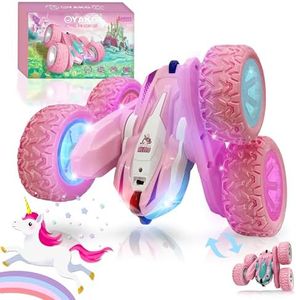 OYAKG Voiture Télécommandée,4WD Licorne Rose Voiture Telecommandé Enfant Fille 3 4 5 6 7 8 9 10 Ans Aves Radiocommandée et 2 Piles,Voiture RC 360° Flip Rotatif et Lumière,Jouet Cadeau Fille 3-12 Ans