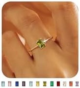 KAERUN Gold Birthstone Rings for Women Non Tarnish Dainty 14K Gold Plated Stackable Rings CZ Emerald Baguette Gemstone Rings for Mother Daughter Birthday Handmade Jewelry Gifts Size 6 7 8 9 10