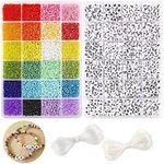 DICOBD 10800pcs 3mm 8/0 Glass Seed Beads Craft Beads Kit and 1200pcs Letter Alphabet Beads for Friendship Bracelets Jewelry Making Necklaces and Key Chains with 2 Rolls of Cord