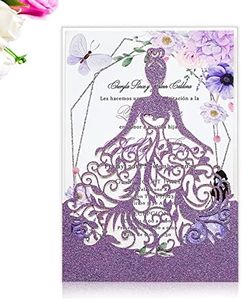 PONATIA 25PCS Purple Glitter Laser Cut Crown Sweet 16 Invitations Cards With Envelopes, Printable Inner Sheets For Birthday, Baby Shower, Quinceañera Party Invite, XV Años, Quince (Purple Glitter)