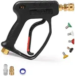 MEKOH High Pressure Washer Short Gun, 5000 PSI 12 GPM Industrial Pressure Power water Spray Gun, with 5 Nozzle Tips, 1/4'' Outlet, 3/8'' Quick Connect，M22-14mm Fitting, PTFE Tape and Car Sponge