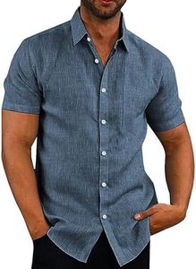 COOFANDY Mens Shirts Short Sleeve Summer Shirt Casual Linen Shirts Regular Fit Holiday Shirt with Pocket Gray& Blue S