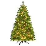 COSTWAY 4.5FT/5FT Pre-Lit Artificial Christmas Tree, Hinged Xmas Tree with Branch Tips, LED lights, Pine Cones & Red Berries, Christmas Decor for Holiday Home Office (Warm White Lights, 135 cm)