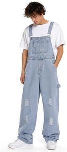 Huang's Mens Jean Overalls Baggy Loose Fit Vintage Washed Denim Bib Overalls with Adjustable Straps Distressed Wide Leg Retro Streetwear Casual Daily Jumpsuit for Men