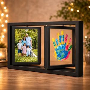 Family Handprint Frame Kit, Dual Rotating Photo & Handprint Display, DIY Keepsake Craft with Wooden Frame, Non-Toxic Paints, Baby Hand & Footprint Kit, Gift for Grandparents & New Parents (Black)