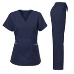 Dagacci Medical Uniform Women's Scrubs Set Stretch Ultra Soft Contrast Pocket, Navy, S