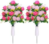 Lodou Artificial Cemetery Flowers,Grave Flowers, Grave Decorations Roses,Graveyard Memorial Flowers with Cemetery Vase for Grave Arrangements (2, Red & Pink)