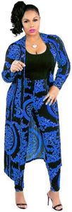 Max2co Women 2 Piece Outfits Floral Long Sleeves Open Front Cardigan Cover up with Leggings High Waist Long Pants Set Blue 3XL