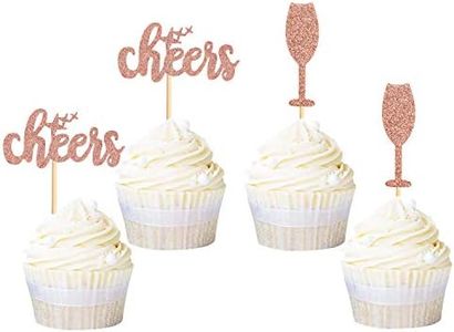 Ercadio 24 Pack Cheers Cupcake Toppers Rose Gold Glitter Champagne Glass Cupcake Picks Baby Shower Kids Birthday Wedding Anniversary Celebrating Party Cake Decorations Supplies