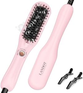 LANDOT Mini Hair Straightening Brush - Compact Heated Ionic Straightener Brush for Frizz-Free, Smooth Results, Lightweight Hot Comb, Dual Voltage Travel Flat Iron Brush, Blush Pink