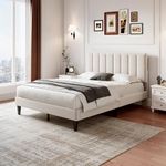 BTM Double Bed Frame 4FT6-135x190cm, Upholstered Double Bed with Adjustable Headboard & Solid Wood Slat & Mute Foam, Beige Velvet Double Bed (No Mattress)