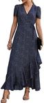 PRETTYGARDEN Women's Summer Wrap Maxi Dress Casual Boho Floral V Neck Short Sleeve Ruffle Hem Split Beach Long Dresses, Blue/White, Large