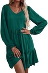 HOTOUCH Women A Line Dress V Neck Ruffled Dress Casual Tiered Dress Long Sleeve T-Shirts Dress Women Cotton T-Shirts Dress with Pockets Green X-Large