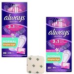 Always Dailies Panty Liners Normal 40x Scent Pantyliners | Go Fresh 3 in 1 | Singles Individually Wrapped | Odour Neutralising | Comfort | Pack of 2X 20 | Including Oerich Sanitary Napkin Storage Bag