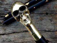 Calvin Handicrafts Collectible Solid Brass Men Skull Head Handle Vintage Walking Cane Wooden Stick